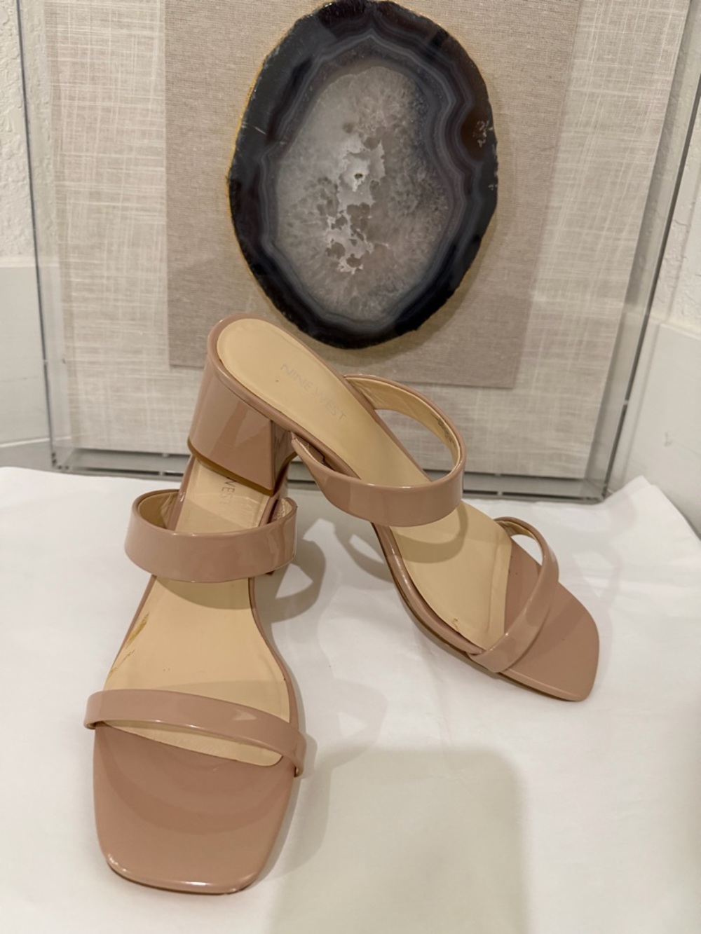 Nine West "Riza" Women’s Blush Patent Double-Strap Block Low Heel Sandals - 9.5